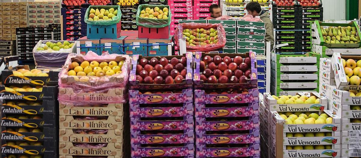 Cageots de pommes et d'agrumes empilés avant la mise en rayon
