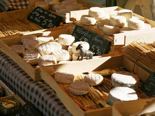 Cageot de fromages de chèvre fermiers sur un étal de marché