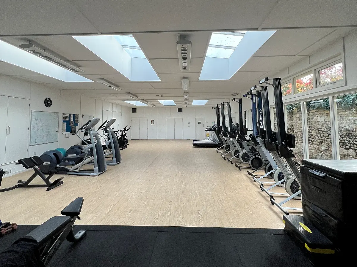 Rangée d'appareils de cardio et de bancs de musculation le long des fenêtres d'une salle de sport