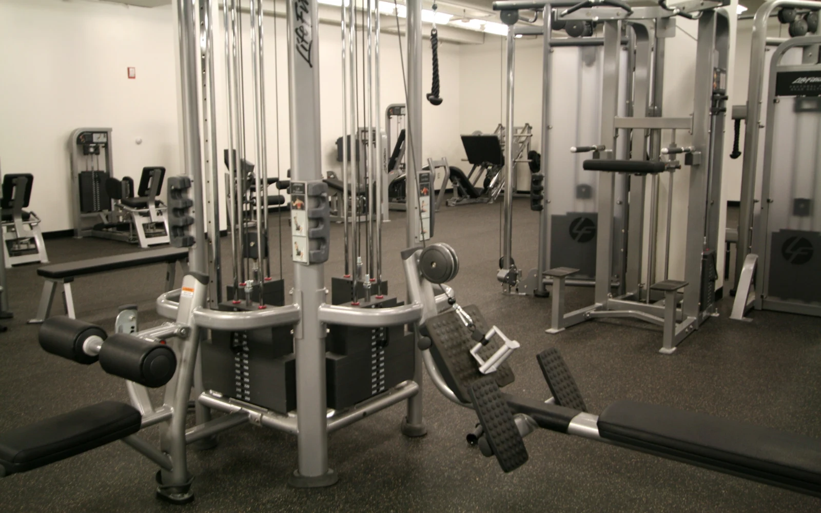 Plateau de musculation d'une salle de sport, appareils à poulies et bancs alignés sous une lumière rasante